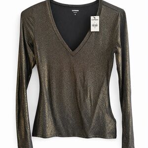 Express Shimmering Gold and Black V-Neck Long Sleeve Top